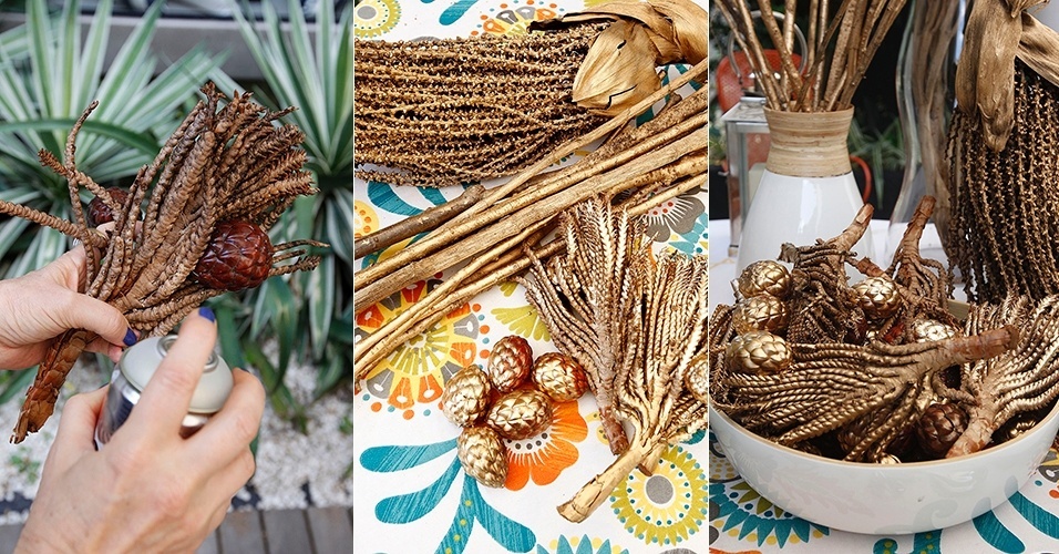 Elementos naturais como galhos, folhas, pinhas e cipós são interessantes como adornos. Para deixá-los mais glamorosos, pinte-os com tinta spray metalizada (dourada, cobre ou prateada são as recomendações). As novas peças da sua decoração podem ser encaixadas nos vasos já instalados, bem como ser colocadas em bowls, bandejas, sobre os pratos (e/ou guardanapos) - no caso de mesas postas - ou até mesmo em uma saladeira, como neste exemplo onde foi utilizado um exemplar de bambu - Reinaldo Canato/ UOL