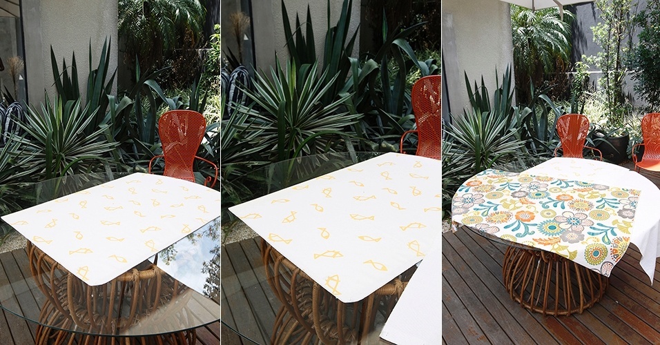 Em vez de usar uma toalha tradicional, a dica é fazer uma composição com tecidos diferentes, como mostram as fotos. Aqui foram usados um toalha de mesa branca comum e dois cortes de algodão, um com estampa de peixinhos e, outro, floral. No entanto, se você optar por toalhas clássicas, "as de cambraia de linho são sempre elegantes e ficam bem durante o dia. Existem exemplares lindos e em diversas cores para alugar, caso seja necessário", afirma Renata Chap Chap - Reinaldo Canato/ UOL