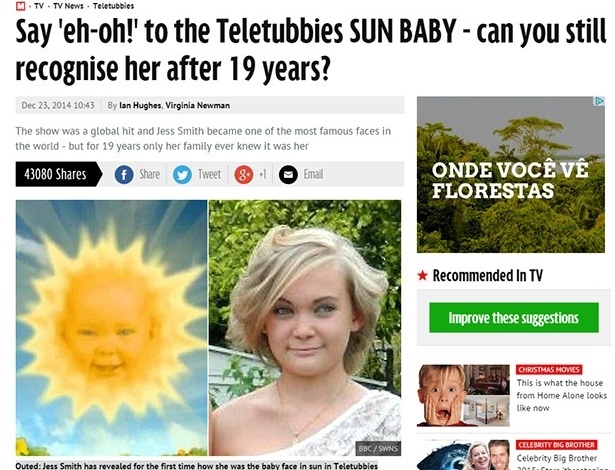 Reprodução de página do site do tabloide "Mirror", que traz reportagem com Jess Smith, estudante de 19 anos que diz ter emprestado o rosto ao Sol do programa "Teletubbies"