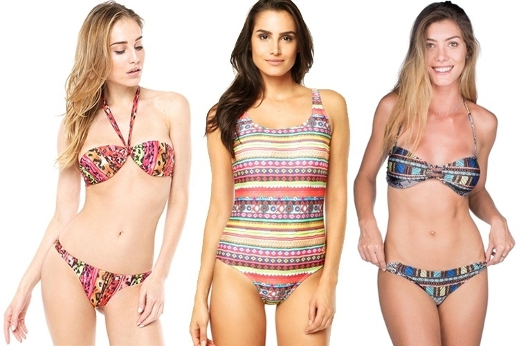 Os desenhos étnicos invadiram a moda praia e estamparam os biquínis e maiôs deste verão. A seguir, veja uma seleção de 30 modelos de R$ 47 a R$ 499 para mergulhar nessa moda - Divulgação