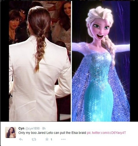 11.jan.2015 - No Twitter, Jared Leto é comparado Elsa, a protagonista do sucesso "Frozen: Uma Aventura Congelante", por conta das tranças que exibiu no Globo de Ouro 2015