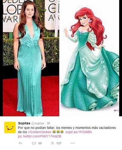 11.jan.2015 - Lana Del Rey não passou despercebida no  Globo de Ouro 2015 com seu vestido verde-água e logo foi comparada à Ariel, a pequena sereia, nas redes sociais