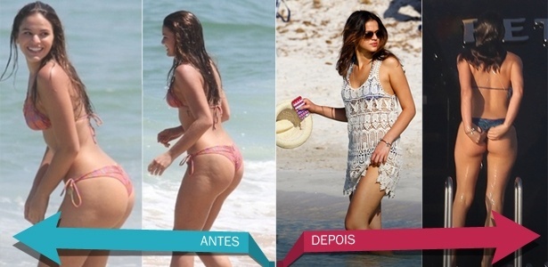 Mudanças visíveis. À esquerda, a atriz em março de 2014, durante gravações da novela "Em Família" em uma praia carioca. À direita, em julho do mesmo ano, durante férias na Europa - AKM-GSI Brasil/AgNews
