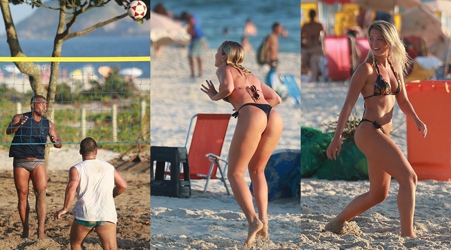 19.jan.2014- Romário, 48 anos, joga futevôlei na praia da Barra da Tijuca, zona oeste do Rio, com a namorada, a cantora americana Dixie Pratt, de 19 anos