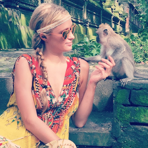 27.jan.2015 - Paris Hilton faz amizade com um macaco em viagem à Bali, uma ilha na Indonésia, e posta foto no Instagram na manhã desta terça-feira