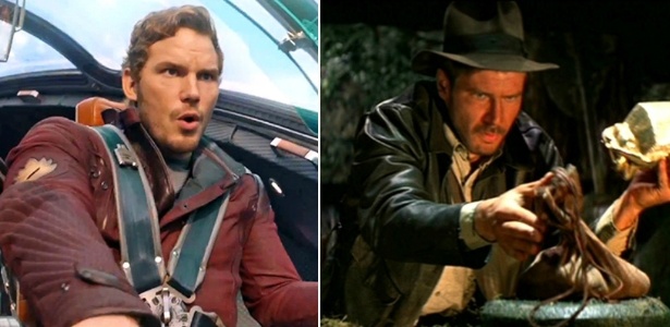 Chris Pratt, como o Star-Lord, em uma das cenas de "Guardiões da Galáxia", e Harrison Ford, como Indiana Jones, em "Os Caçadores da Arca Perdida"  - Montagem/Divulgação