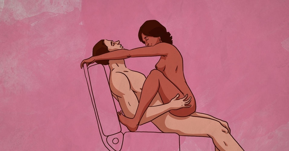O homem senta-se em uma cadeira larga, com o bumbum bem próximo à borda do assento. A mulher senta-se sobre ele, com os pés apoiados nas laterais do assento. Ela segura no encosto para fazer o movimento durante a penetração. Se quiser jogar o corpo um pouco para trás, a mulher fará uma leve pressão no pênis, que poderá ajudar a controlar a ejaculação - Leo Gibran/UOL