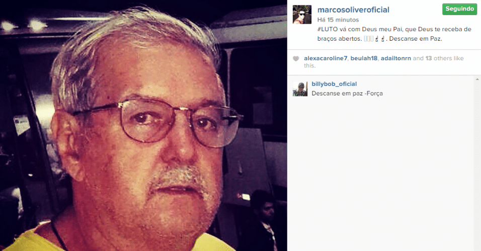31.jan.2015 - Marcos Oliver lamenta a morte de seu pai, Paulo Roberto, em um post no Instagram, na madrugada deste sábado. "Luto. Vá com Deus meu pai. Que Deus te receba de braços abertos. Descanse em paz", lamentou ele