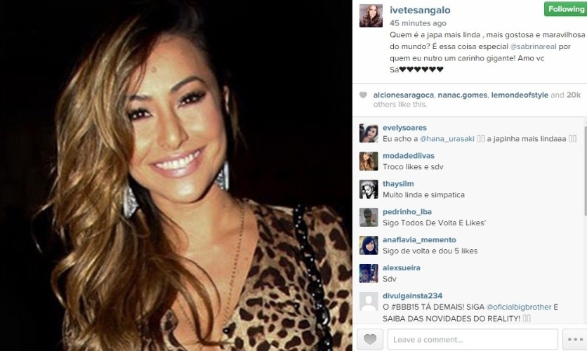 4.jan.2015 - Ivete Sangalo também homenageou Sabrina Sato nas redes sociais