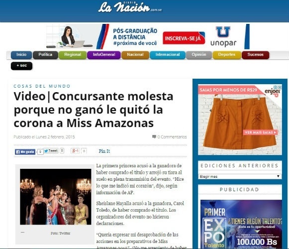 5.fev.2015 - A imprensa internacional repercutiu a confusão ocorrida no Miss Amazonas, na noite do último sábado, quando a segunda colocada, Sheislane Hayalla, arrancou a coroa da campeã, Carol Toledo