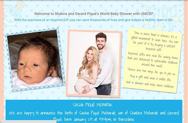 Shakira e Pique apresentam o filho Sasha Mebarak em convite chá beneficente