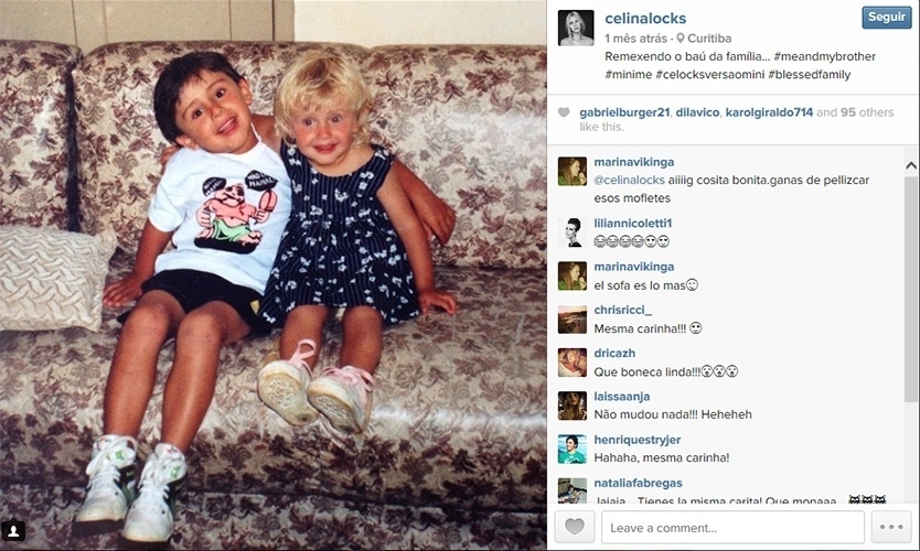 Em foto publicada em seu perfil no Instagram, a modelo aparece ainda criança ao lado do irmão. Celina nasceu em Curitiba
