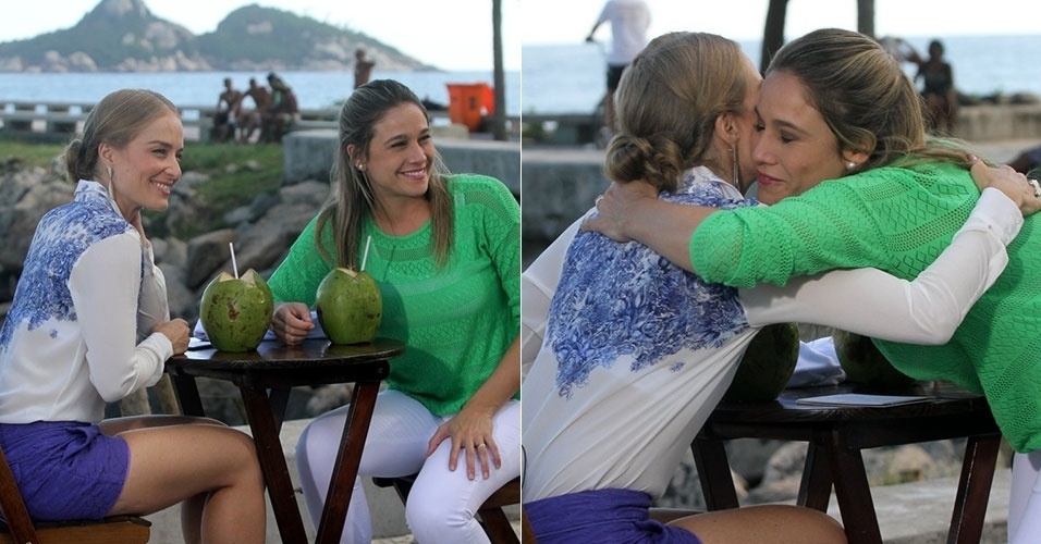 10.jan.2015 - Angélica grava entrevista com Fernanda Gentil para o programa "Estrelas", da Globo, na orla da Barra da Tijuca, no Rio. Gentil está grávida de três meses de seu primeiro filho