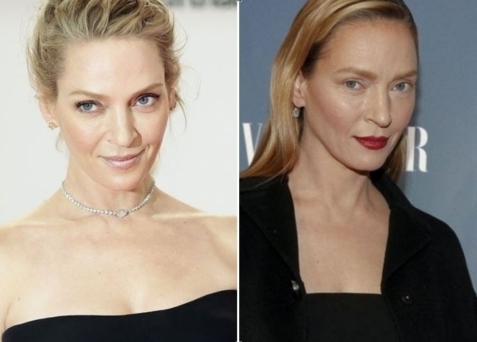 A atriz Uma Thurman, 44 anos, surpreendeu ao aparecer no dia 9 de fevereiro com o rosto bem diferente na pré-estreia da série  "The Slap" , em Nova York, nos Estados Unidos - AFP/AP Photo/Markus Schreiber