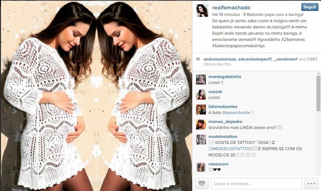 13.fev.2015 - Em mais um post no Instagram, a atriz Fernanda Machado, grávida de 21 semanas, comenta a emoção de sentir a filha Sophia se mexendo dentro da barriga