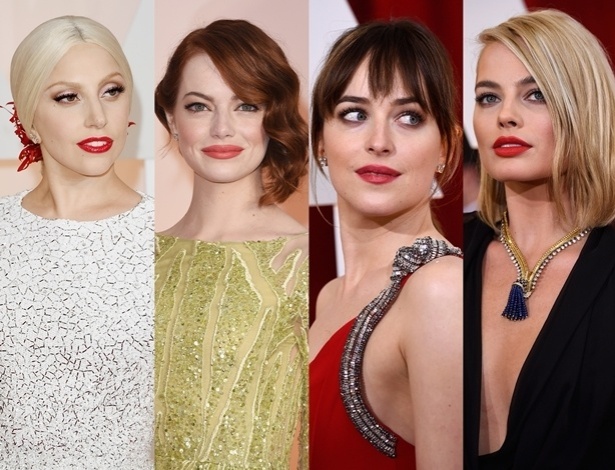 Lady Gaga, Emma Stone, Dakota Johnson e Margot Robbie investe no batom vermelho para o Oscar 2015 - Getty Images