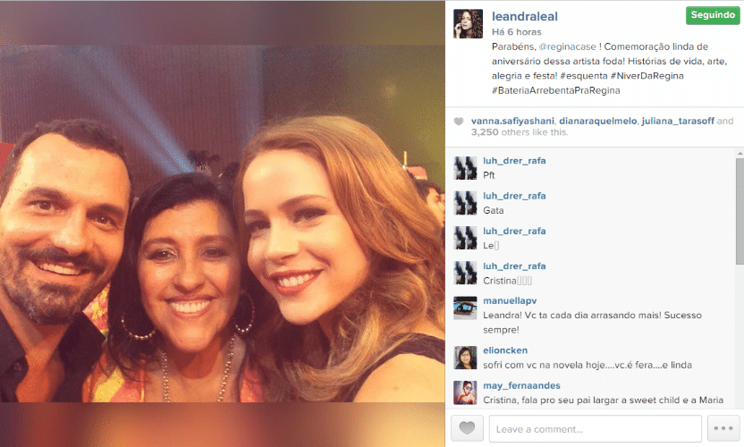 25.fev.2015 - Leandra Leal lembra do aniversário de Regina Casé e parabeniza a apresentadora em um post no Instagram, nesta quarta-feira