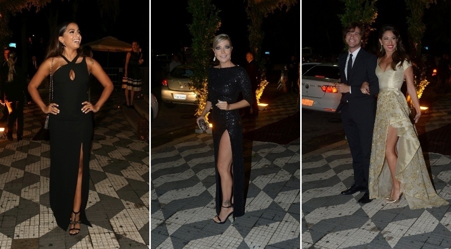 No casamento de Thiaguinho e Fernanda Souza, que aconteceu na última terça-feira (24), o "hit" entre as convidadas foram as fendas, que exibiam as pernas das famosas. Na imagem, Anitta (esq.) usa um look Versace para Riachuelo com recortes e assimetria, Luiza Possi (centro) quase mostra demais em fenda profunda do vestido de paetê e Gisele Itié exibiu um visual digno das princesas da Disney, usando modelo dourado com saia volumosa - Photo Rio News e Agnews