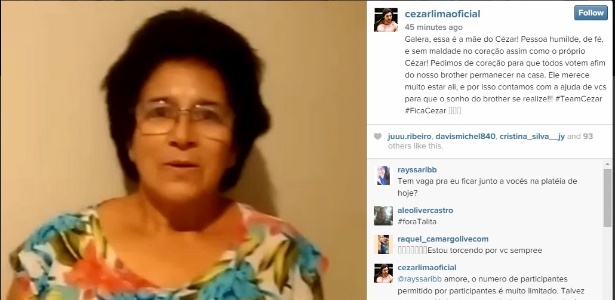 Mãe de Cézar aparece no Instagram do brother para pedir o apoio do público