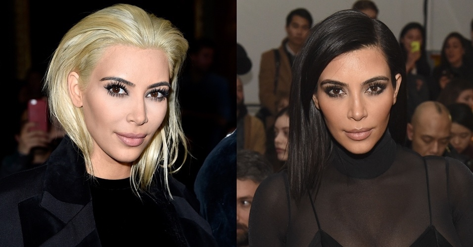 5.mar.2015 - Kim Kardashian aparece platinada para assistir ao desfile da Balmain durante a Semana de Moda de Paris. A escolha de mudança da socialite dividiu opiniões entre fãs na internet - Getty Images