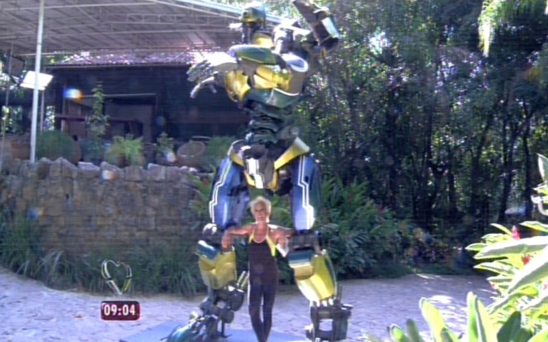 6.mar.2015 - Ana Maria Braga presenteia Louro José com estátua gigante de personagem da franquia cinematográfica "Transformers". O Louro comemora 18 anos de vida