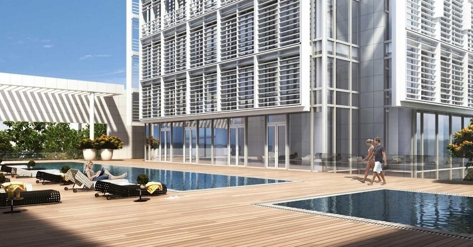 Projeto da piscina comum do condomínio luxuoso em Israel no qual  Madonna comprou uma cobertura