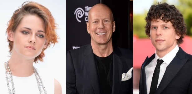Kristen Stewart, Bruce Willis e Jesse Eisenberg, que estarão em filme de Woody Allen - Getty Images/AFP/Montagem