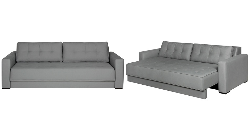 O sofá-cama Movie tem estrutura em madeira maciça, molas ensacadas e assento retrátil que permite transformar o móvel em cama. Revestida em algodão com detalhes em capitonês, a peça está à venda na Tok&Stok (www.tokstok.com.br) - Divulgação/ Montagem UOL