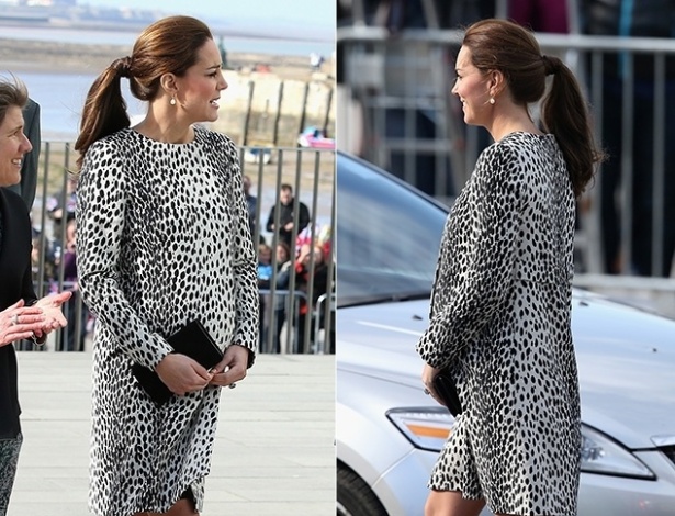 Grávida de oito meses, Kate Middleton exibe barriguinha em vestido animal print durante visita à Turner Contemporary Art Gallery em Margate, na Inglaterra.