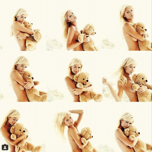 11.mar.2015 - Paris Hilton faz topless para ensaio fotográfico e esconde os seios atrás de um ursinho de pelúcia. A socialite postou várias pequenas imagens em sua conta do Instagram