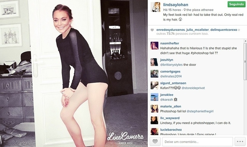 11.mar.2015 - Lindsay Lohan abusou do Photoshop. Em seu Instagram, a atriz postou uma foto cujo fundo aparece nitidamente distorcido, acompanhando suas pernas e o bumbum. O erro não passou despercebido entre seus seguidores. 