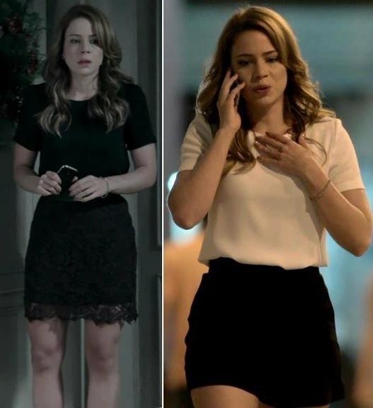 DEPOIS: As blusinhas estampadas usadas com calça ou saia jeans foram trocadas por peças em tecidos mais refinados e em tons neutros, com o branco e preto. O cabelo da personagem também mudou, foi de cacheado para ondulado - Reprodução/TV Globo