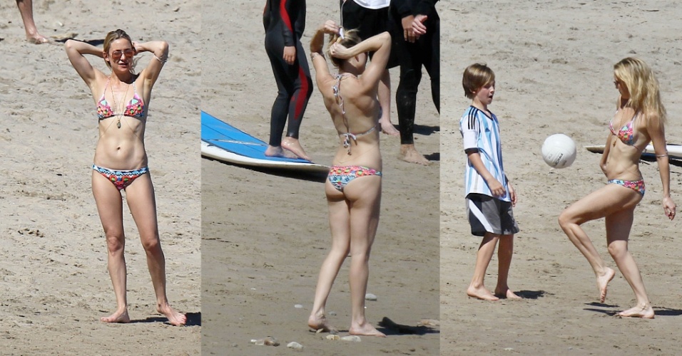16.mar.2015- Kate Hudson exibe corpo torneado em praia de Malibu, Los Angeles. A atriz até arriscou umas embaixadinhas no momento de lazer
