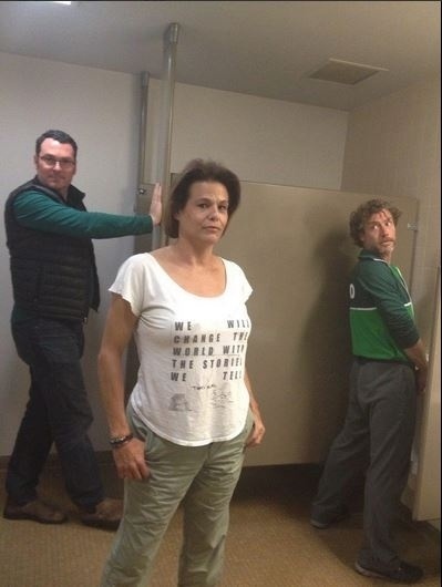 Com a hashtag "WeJustNeedPee" (Nós só precisamos fazer xixi, em tradução livre), Alexandra Billings usou a legenda "De acordo com alguns estados dos EUA, este é o banheiro que eu deveria usar" para postar sua foto no Twitter em apoio ao protesto - Reprodução/Twitter