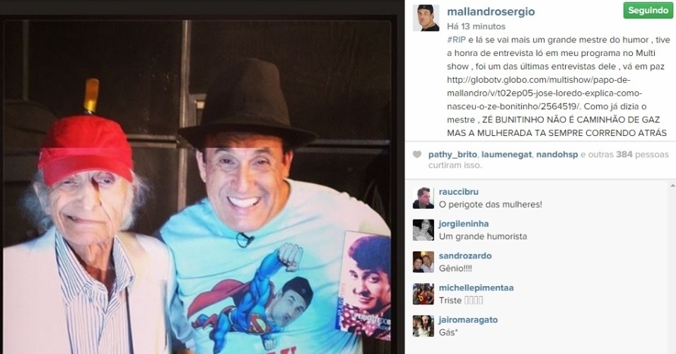 26.mar.2015 - O apresentador Sérgio Mallandro postou uma foto ao lado de Jorge Loredo em sua homenagem ao humorista morto nesta quarta-feira