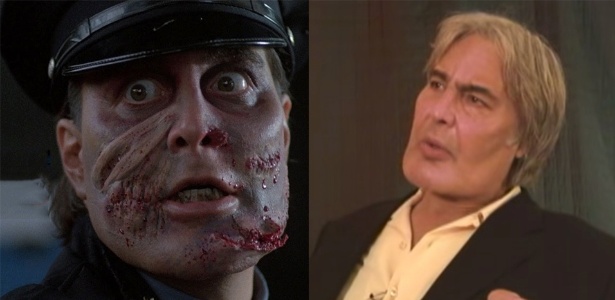 À esquerda, Robert Z"Dar em "Maniac Cop" e, à direita, em uma entrevista em 2009  - Reprodução e Montagem/UOL