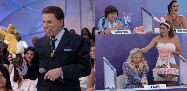 Silvio Santos se diverte em programa que vai ao ar no domingo de Páscoa. O apresentador ganhou ovo de chocolate e Lívia Andrade se vestiu de coelha