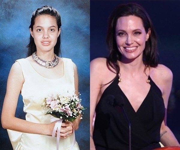 Angelina Jolie aparece bem diferente na adolescência, e, aos 39 anos no palco do Nickelodeon Kids'Choice, em Los Angeles em março de 2015