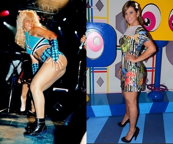 Carla Perez na época em que era dançarina do "É o Tchan", em 1998, aos 21 anos. À direita, Carla posa em foto recente publicada em seu Instagram, aos 37 anos