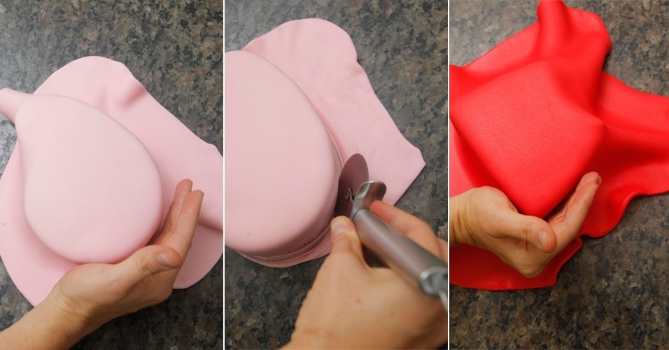 passo a passo bolo peppa | Aplique cuidadosamente a pasta americana rosa na parte da cabeça da Peppa Pig.  Com as mãos, acerte a massa e, com um cortador de pizza, corte o que sobrar. Repita o processo com a pasta vermelha no corpo da personagem. Para deixar bem liso, use uma espátula - Reinaldo Canato/UOL