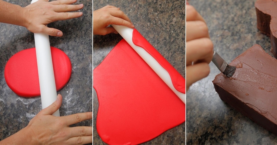 passo a passo bolo peppa | Abra a pasta americana rosa preparada anteriormente e a vermelha separadamente com um rolo. Elas precisam ter meio centímetro de espessura. Com um pincel, umedeça o bolo com água ou gel de confeiteiro, antes de aplicar a pasta - Reinaldo Canato/UOL