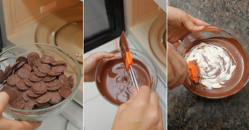 passo a passo bolo peppa | Prepare uma ganache de chocolate. Para tanto você vai precisar de: 400 g de chocolate meio amargo e duas colheres de sopa de creme de leite. Em um recipiente, coloque o chocolate e leve ao microondas, em potência média, por 30 segundos. Terminado o tempo, abra, mexa e coloque por mais 30 segundos. Faça isso até que derreta completamente. Depois de o chocolate ter derretido, misture com o creme de leite até atingir uma consistência cremosa - Reinaldo Canato/UOL