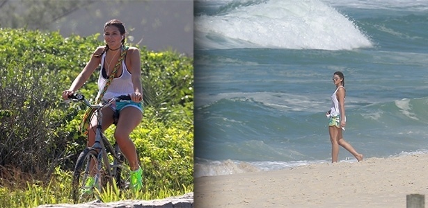 08.abr.2015 - Bruna Marquezine aproveitou a quarta-feira (8) de sol para pedalar e colocar os pés no mar, na praia da Reserva no Rio de Janeiro
