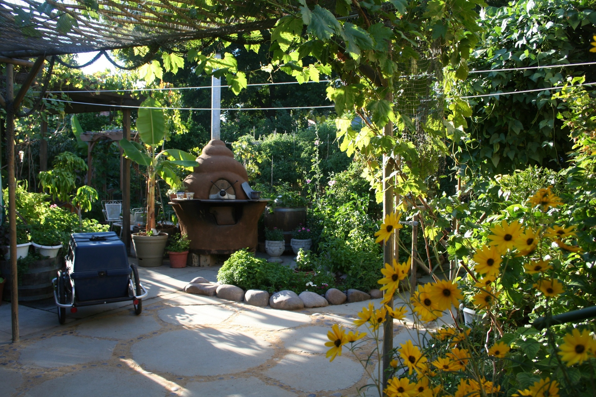 Jules Dervaes e seus três filhos - Anais, Justin e Jordanne - transformaram o quintal de sua casa em Pasadena, na Califórnia (EUA), em uma horta orgânica que garante a eles comida durante o ano todo. No meio das espécies cultivadas, a família instalou um forno a lenha feito de barro - Divulgação/ Urban Homestead®