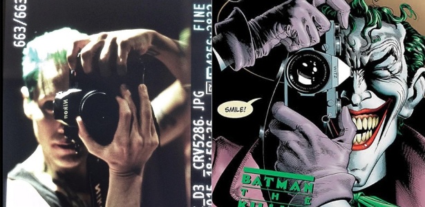 À esquerda, Jared Leto aparece reproduzindo a capa de "A Piada Mortal", de Alan Moore - Reprodução/Twitter/DavidAyerMovies