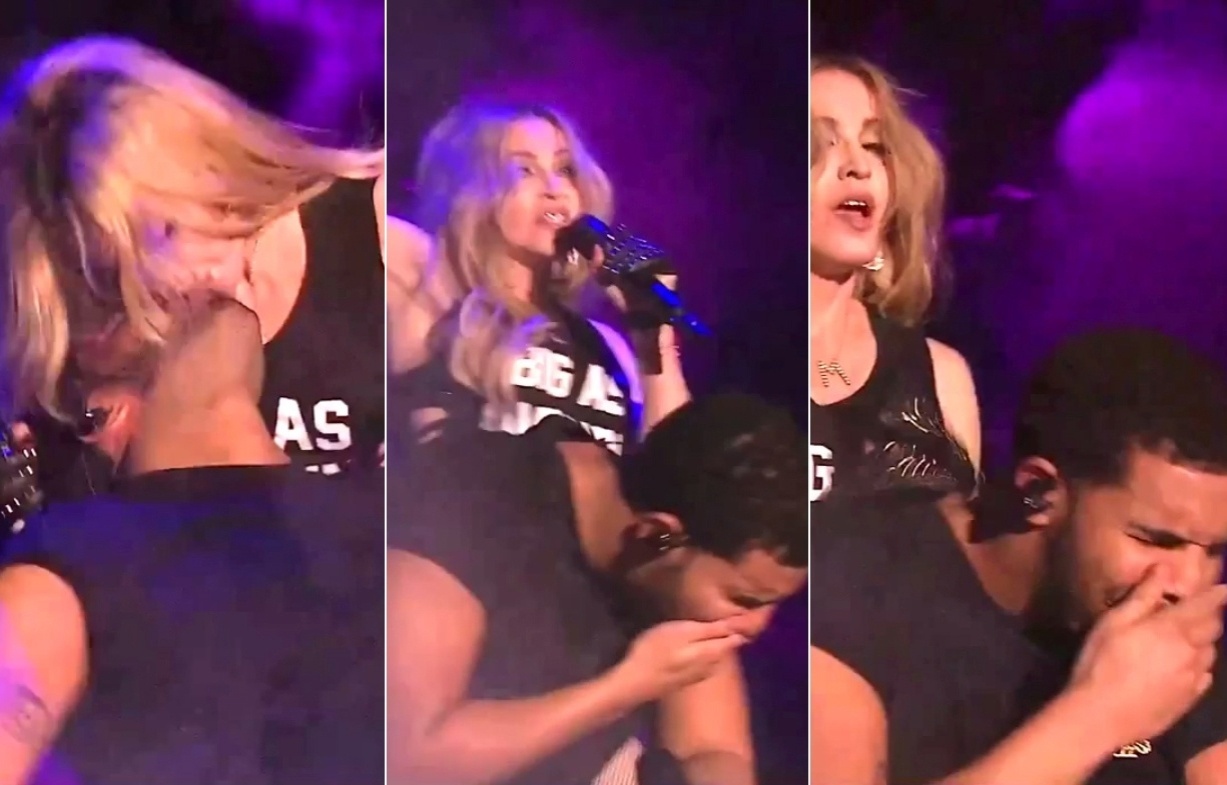 12.abr.2015 - Com Madonna no palco do Coachella, o rapper Drake se sentou na cadeira  -- como ele mesmo faz no clipe de "Anaconda", de Nicki Minaj --, e levou um longo beijo da cantora. Em seguida, o rapper recuou e fez careta - Reprodução