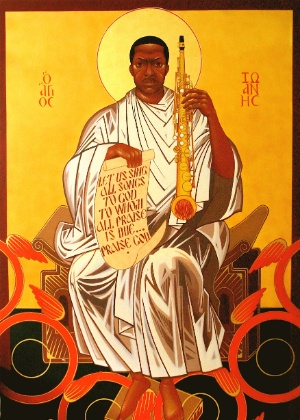 John Coltrane caracterizado como santo na imagem exposta na igreja em San Francisco - Divulgação