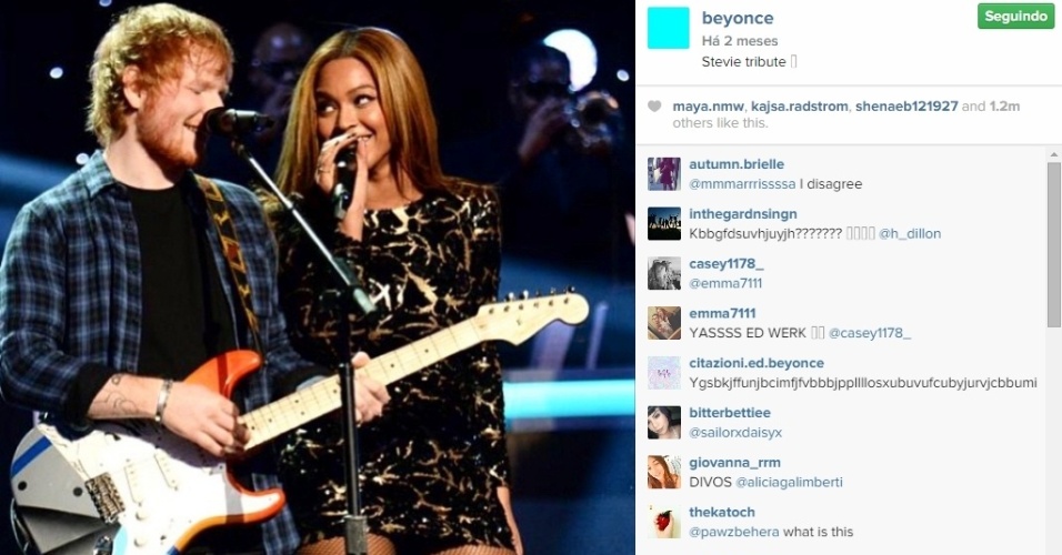 TEM ORGULHO DO PRÓPRIO TRABALHO - Assim como quase todas as mulheres, Beyoncé também é multitarefa. Além de mãe e esposa, ela costuma publicar em seu instagram imagens suas trabalhando. Nesta, de 11 de fevereiro, ela canta com Ed Sheeran em um tributo ao cantor Stevie Wonder
