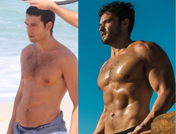 Sérgio Marone, à esquerda, em 2012, durante um ensaio sensual na praia e, à direita, em foto tirada em abril de 2015 após mudar o corpo para "Os Dez Mandamentos"