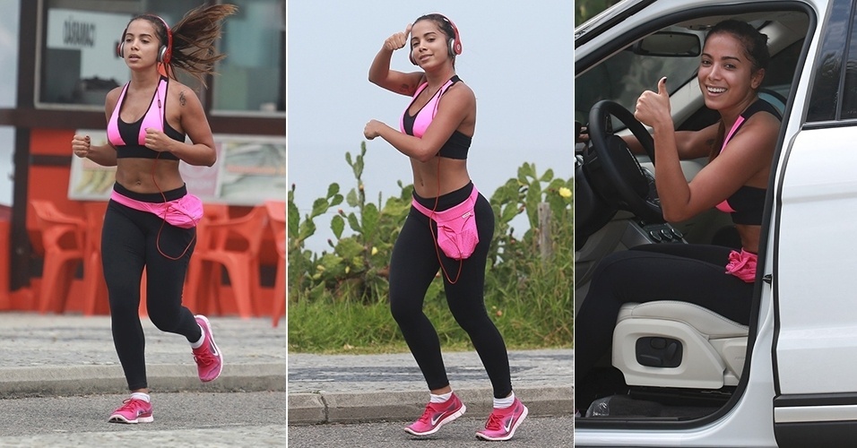 16.abr.2015 - Sem maquiagem, Anitta é clicada correndo na orla da praia do Recreio dos Bandeirantes